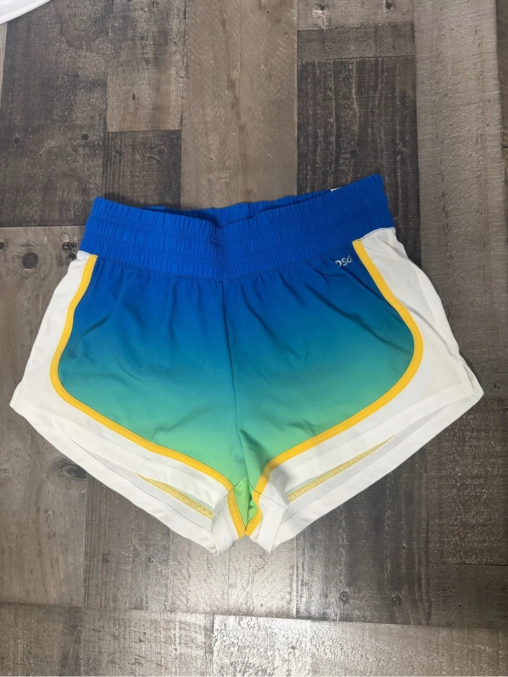 DSG Blue-to-Green Ombre Athletic Shorts with Yellow Trim